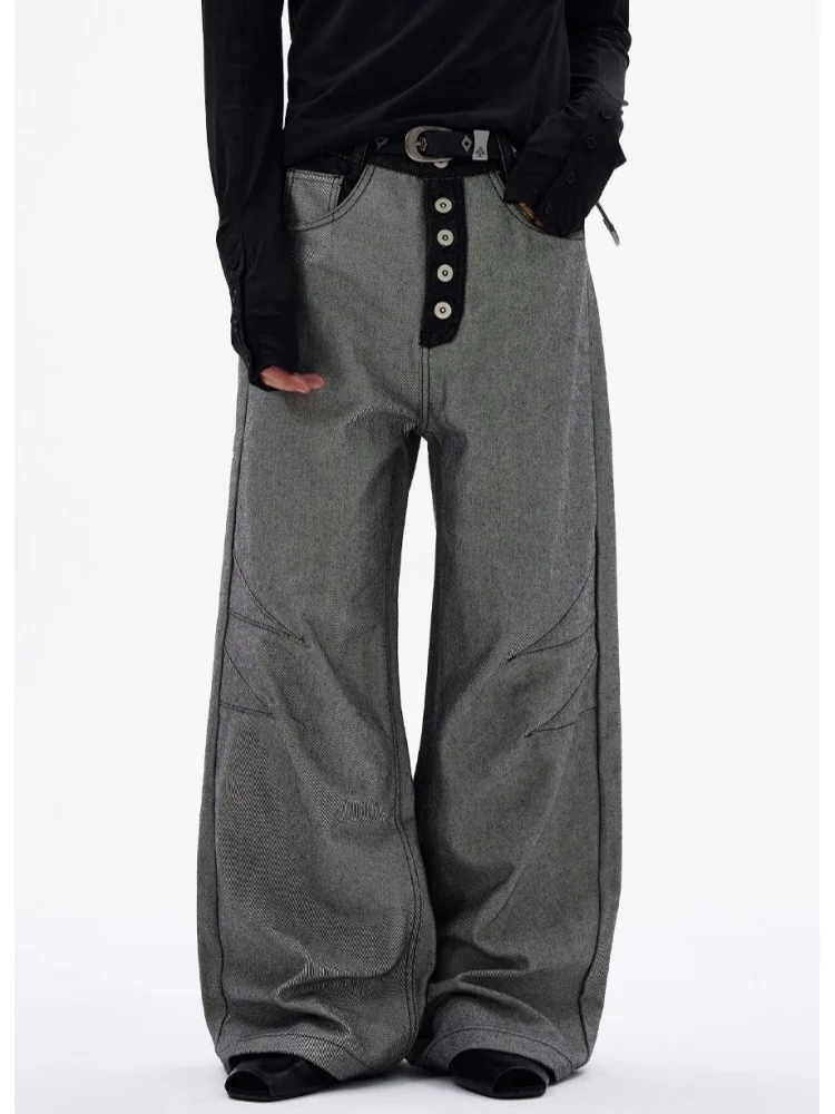 

Cyber Y2K Уличная одежда 2025 г., серые лоскутные мешковатые джинсы на пуговицах, брюки для мужчин, одежда, прямые хлопковые длинные брюки Moda Hombre