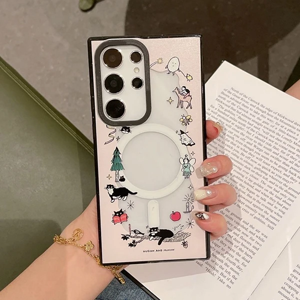 Black Cat MagSafe Acrylic Black Border Case for Samsung Galaxy S22 S23 S24 Ultra S23+ S24 Plus Protective Shell