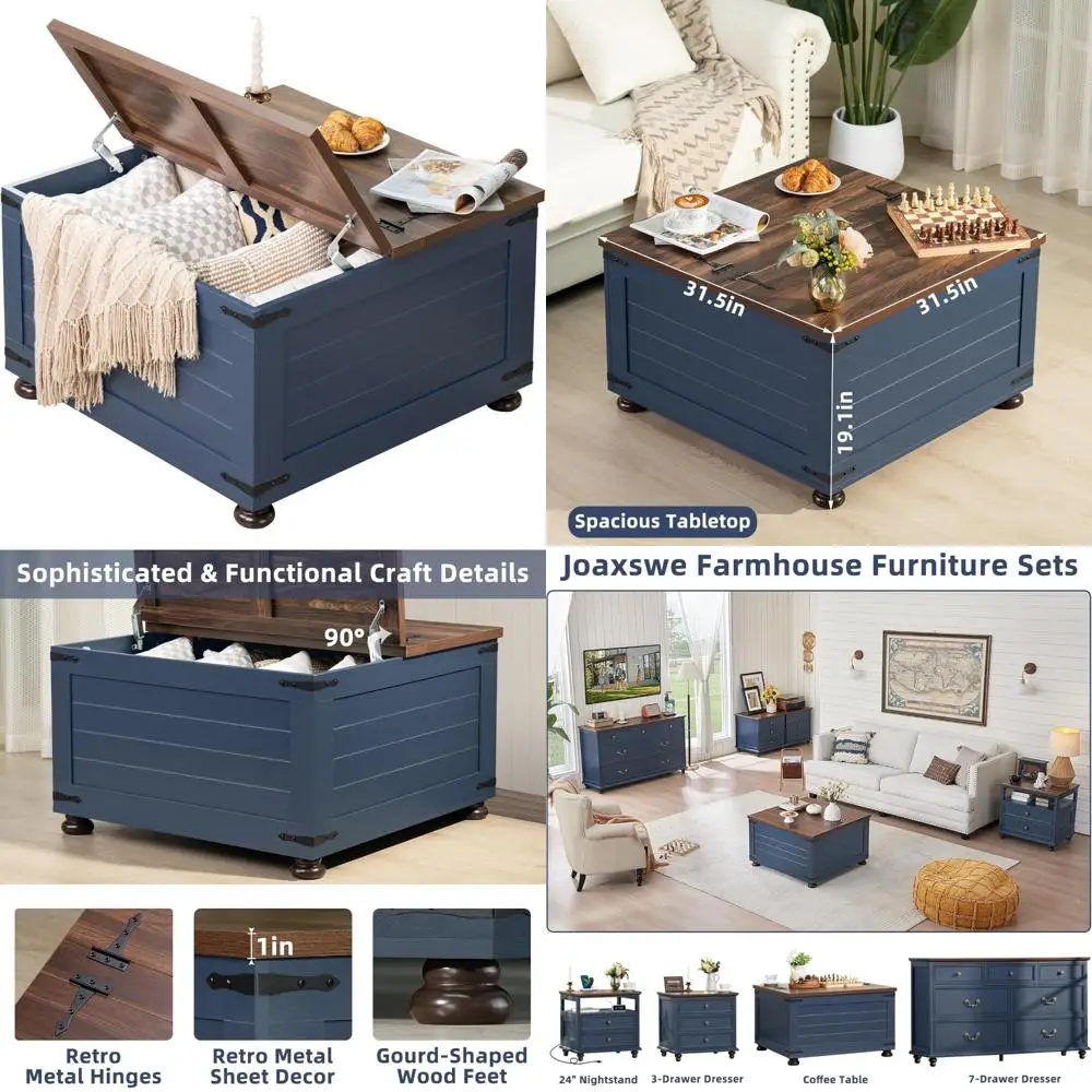 

Farmhouse Coffee Table with Hidden Storage, 59 Gallon Square Center Table for Living Room, Rustic Wood Cocktail Tables with Flip