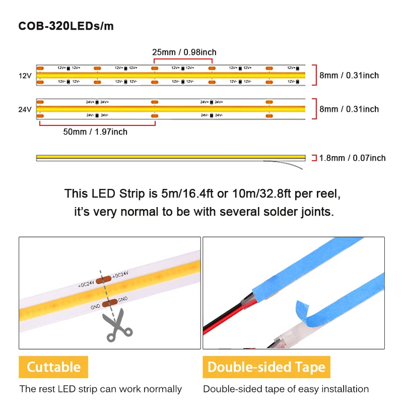 شريط إضاءة LED COB بطول 5 أمتار و10 أمتار، 320 مصباح LED/م، شريط LED مرن عالي الكثافة FCOB، شريط إضاءة خطي قابل للتعتيم، تيار مستمر 12 فولت 24 فولت
