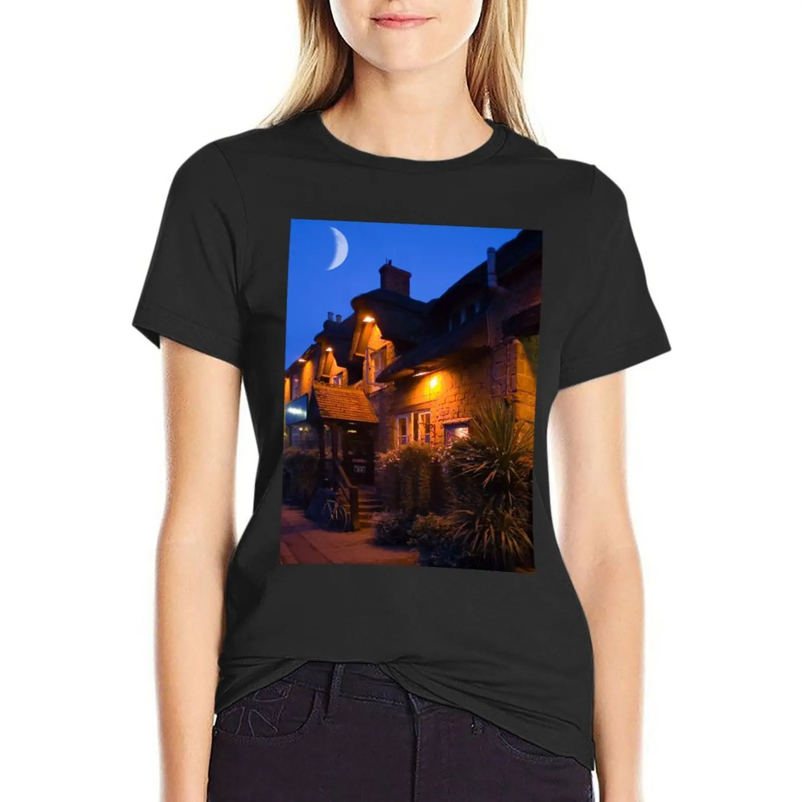 

Old English pub with crescent moon in background T-Shirt shirts graphic tees plus size tops rock and roll t shirts for Women