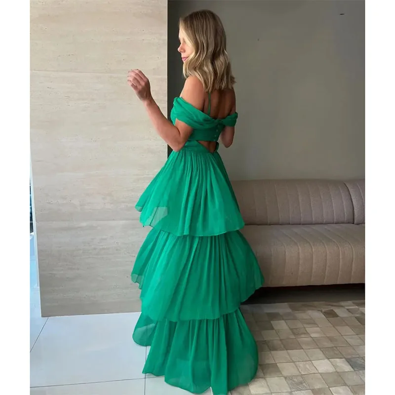 Classy Long Green Off Shoulder Tulle Prom Dresses with Tiered A-Line Floor Length Pleated Evening Dresses for Women