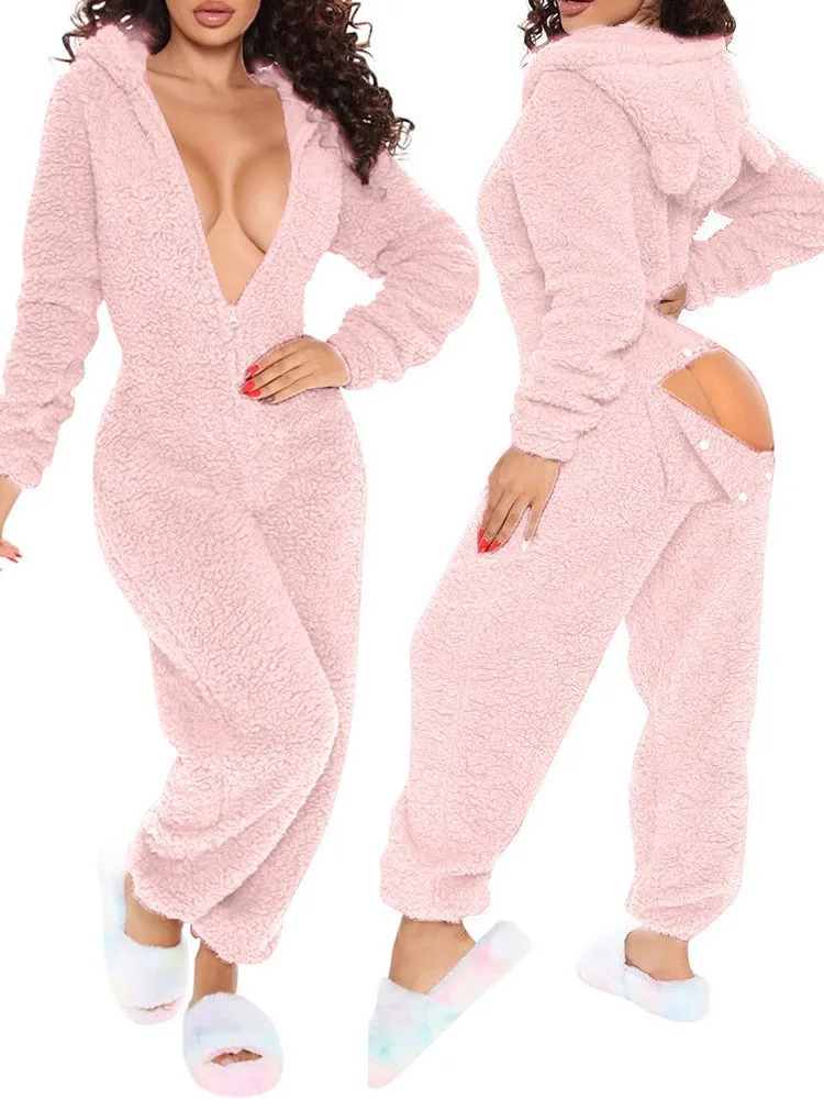 

Зимний сексуальный плюшевый комбинезон с длинными рукавами и шляпой, открытый дизайн, домашняя одежда для женщин, утепленная домашняя одежда, милый и пушистый комбинезон