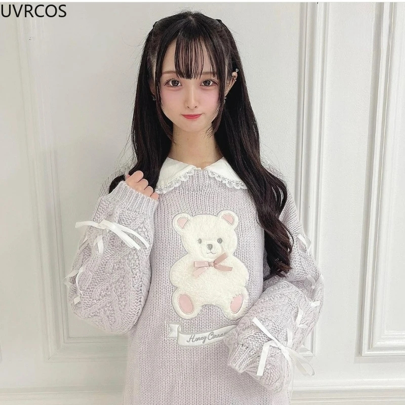 Japanese Sytle Kawaii Lolita Knitted Pullover Women Cute Cartoon Bear Embroidery Bow Bandage Sweater Female Sweet Chic Bunny Top