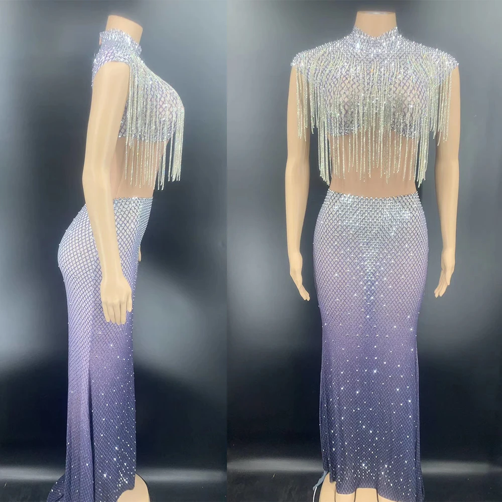 Gauze Perspective Shining Rhinestones Decoration Fringe Dresses Long Trailing Half High Collar Sleeveless Performance Clothing