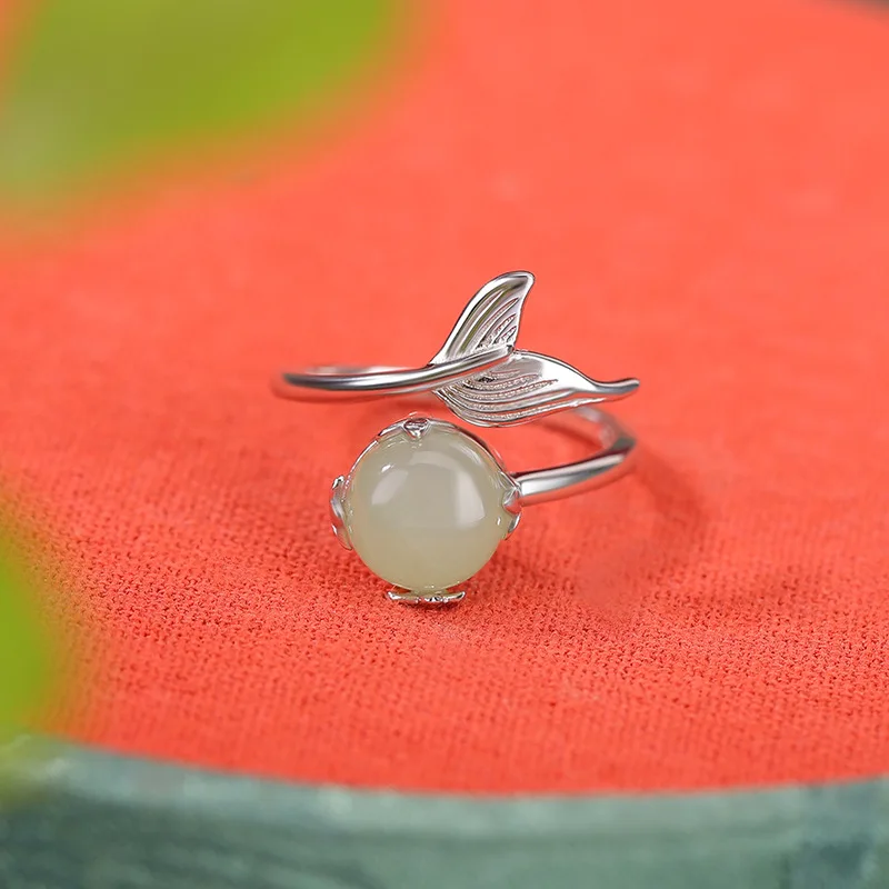 Hetian S925 Sterling Silver Jade Fish Tail Round Bead Fashionable Korean Style Open Ring