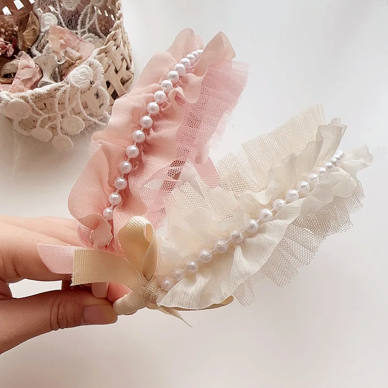 Wholesale 12pcs/2C Tutu Pearl Hairbands Tulle Floral Bow Hard Headbands Fashion Headwear Boutique Hair Accessories for Girls