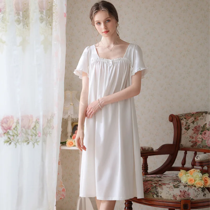 Women White Sexy Sleepwear Female Gown Cotton Night dress Lace Nightwear Homewear Long Luxury Nightgown