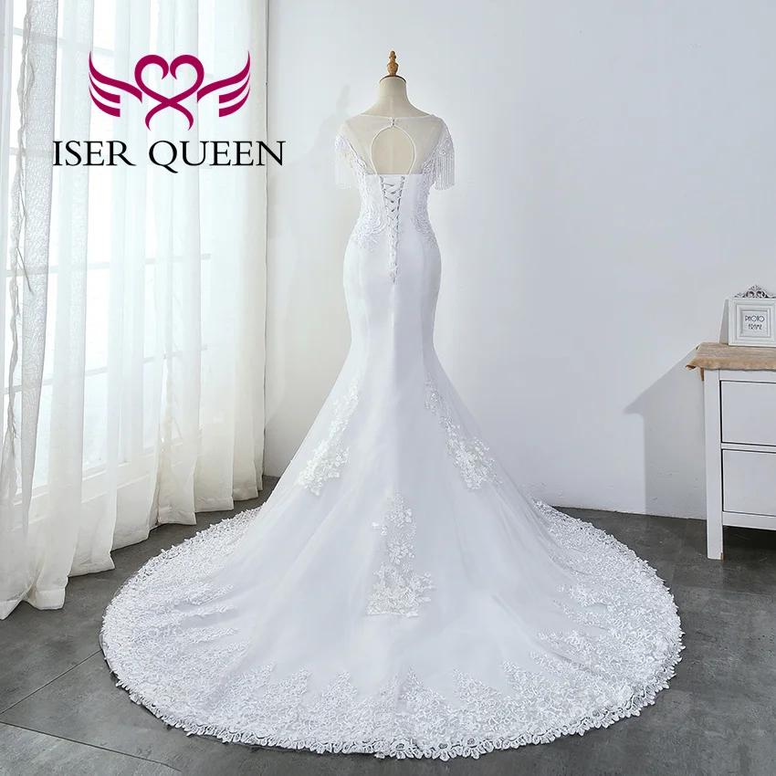 تخصيص قصيرة الديكور شرابة الأكمام أوروبا حورية البحر فساتين الزفاف قارب الرقبة الدانتيل يزين جودة فستان الزفاف WX0035
