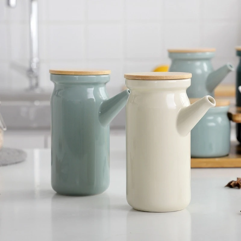 Set di sale in ceramica, scatola per condimenti, vaso per olio, lattina per condimenti, struttura in legno, design a prova di umidità