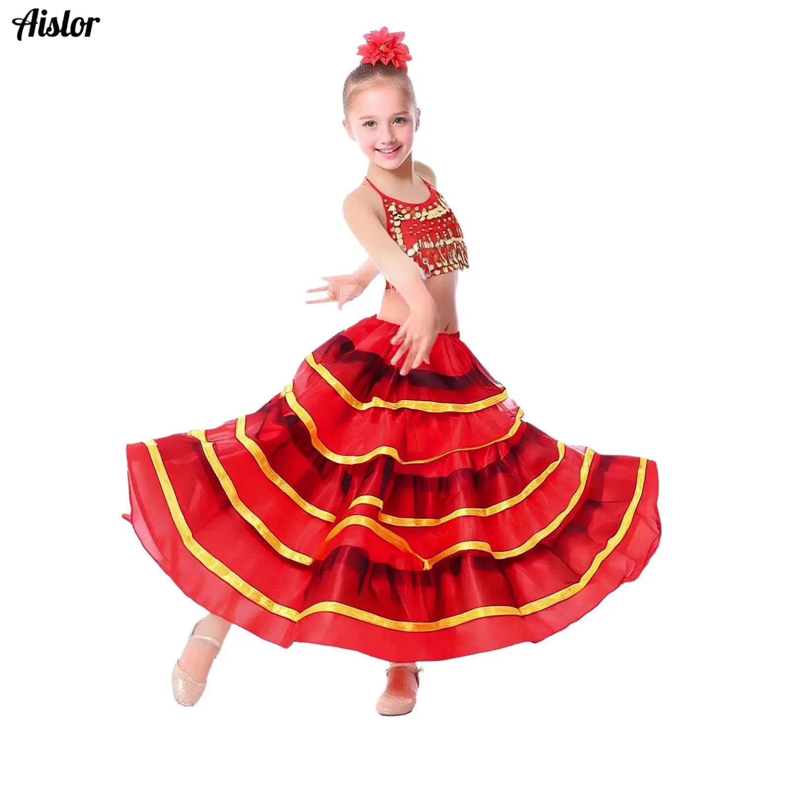 

Girl's 180 Degrees Wide Hemline Skirt Spanish Flamenco Ballroom Dance Performance Costume Contrast Color Tiered Ruffles Skirts