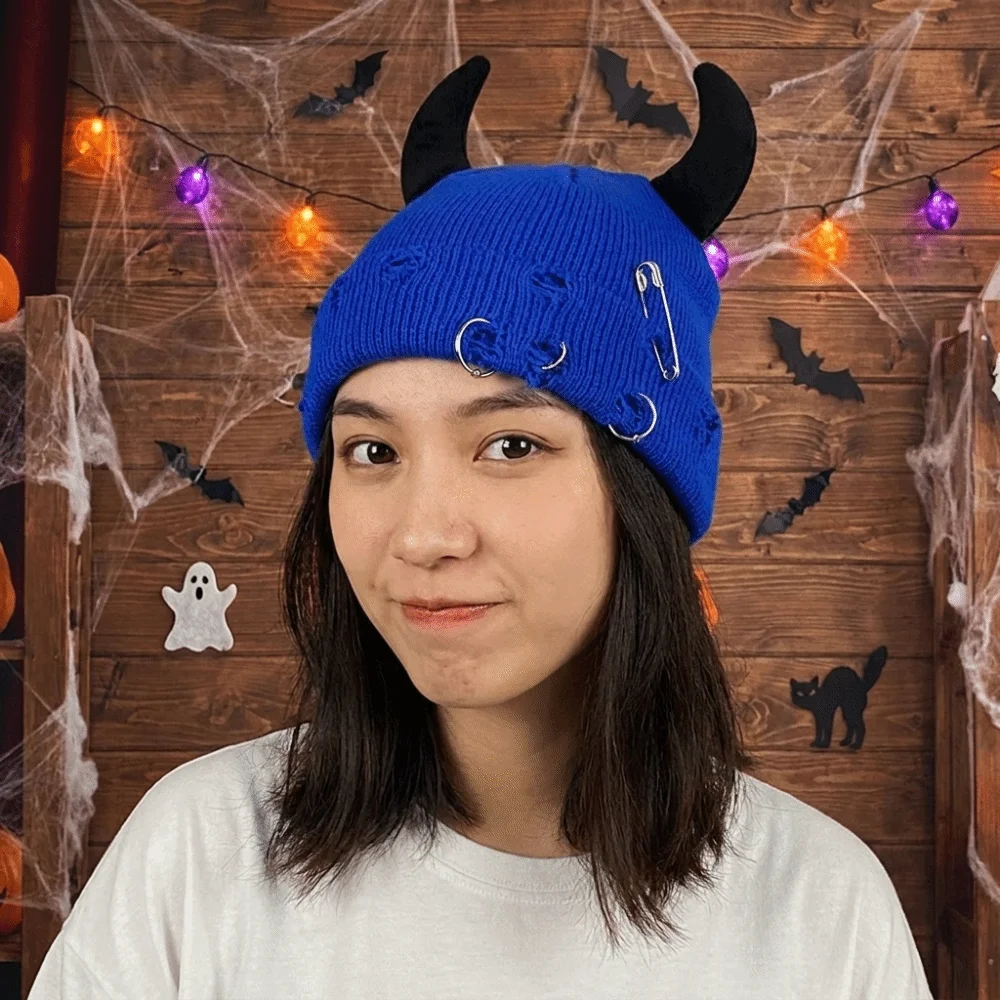 Fashion Yarn Devil Horns Hat Distressed Adjustable Winter Pullover Cap Warm Hip Hop Knitted Beanie Female/Male