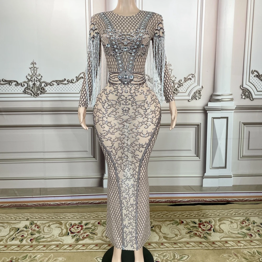 Sparkly Rhinestones Mesh Long Dress Women Evening Party Dresses Birthday Celebrate Outfit Long Sleeve Fringes Vestidos