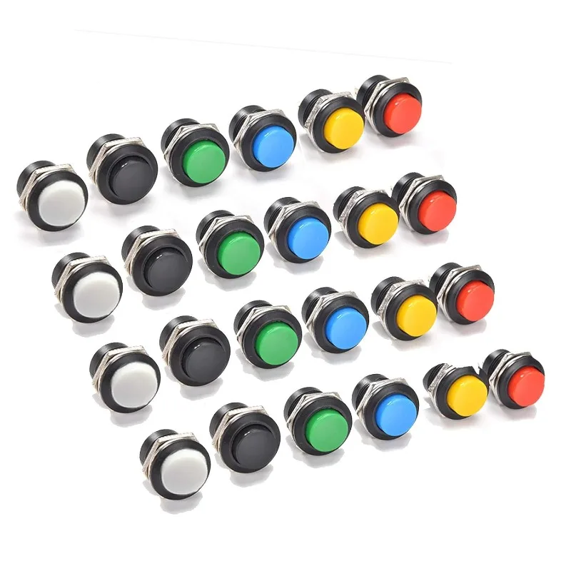 24Pcs16MM Momentary Push Button on Off Switch Red Green Yellow Blue White Black 3A 250V AC 2Pin Self-Resetting Mini Round Switch