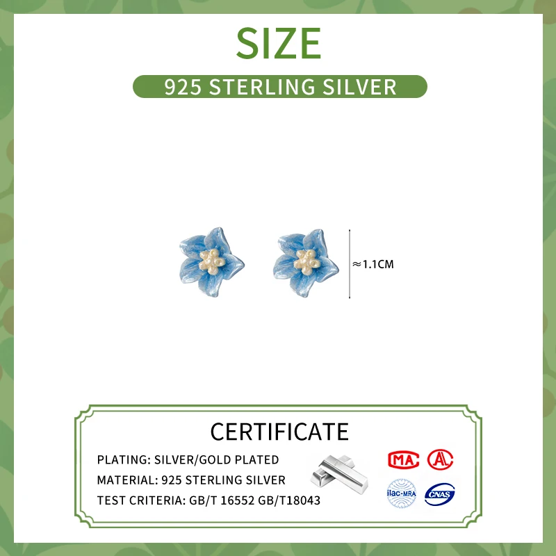 Real 925 Sterling Silver Blue Camellia Plant Stud Earrings for Women Cute Fine Jewelry Minimalist Accessories