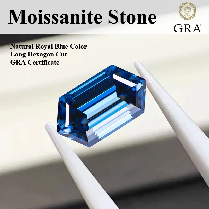 

Natural Royal Blue Color Moissanite Stone Long Hexagon Cut Gemstone Lab Grown Diamond Charms Jewelry Making with Certificate