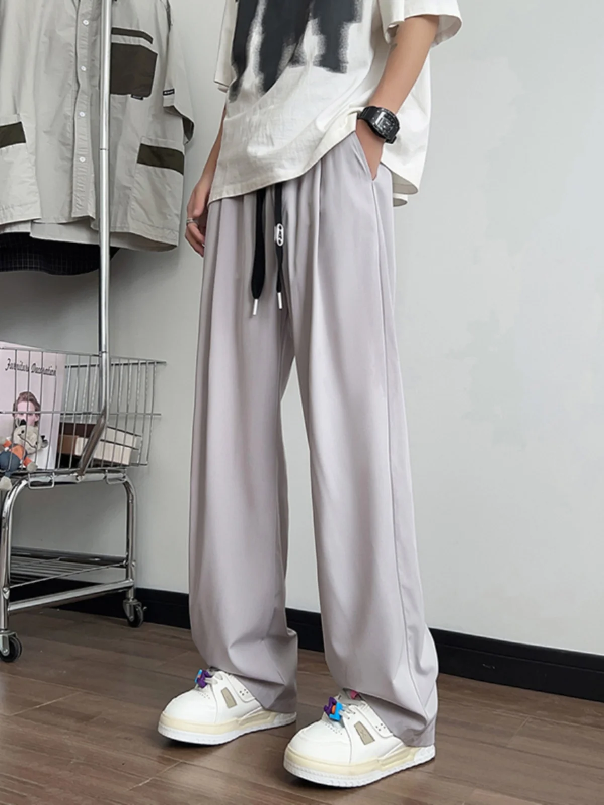 

Summer Large Size Dstring Elastic Waist Pleated Sport Pants Men's Ice Silk Mosquito Proof Straight Casual Long Trousers