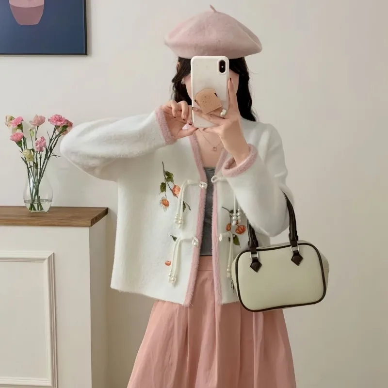 

Пальто в китайском стиле с v-образным вырезом и круглым вырезом, однобортный универсальный топ с длинными рукавами и цветочной вышивкой для женщин