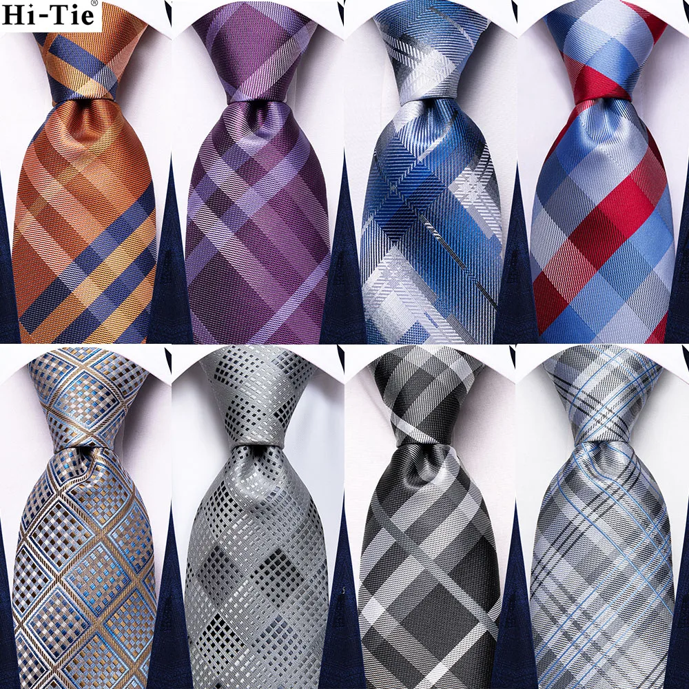 Hi-Tie 2023 New Blue White Plaid Mens Tie Hanky Cufflinks Set Silk Necktie For Men Wedding Party Business Fashion Brand Dropship