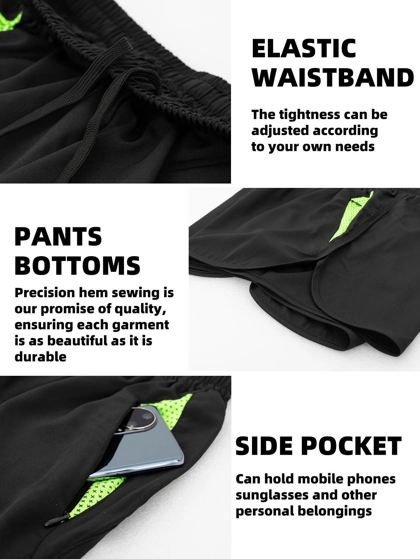 Men\'s Running Shorts with Zipper Pockets Elastic waist Black Gym Shorts Breathable Fabric Running Workout Athletic Shorts 2pcs
