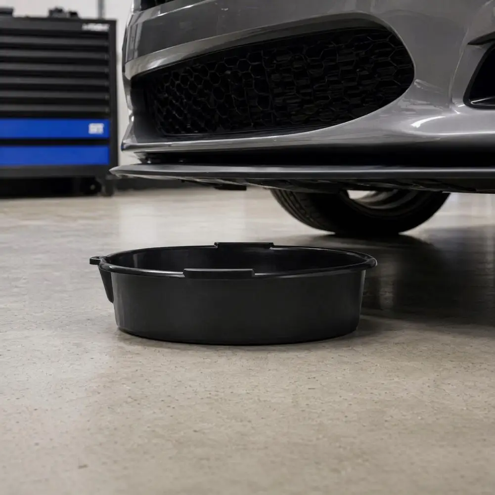 Precise Volume Measurement Pan 7-quart Engine Oil Drain Pan with Built-in Scale Portable Oil Catch Basin Black Plastic Auto
