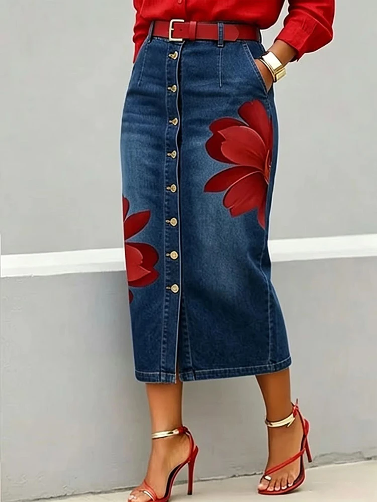 Spring Women Elegant Floral Print Split Half Skirts Summer Casual Pocket Street Jean Skirts Fashion High Waist Denim Midi Skirts