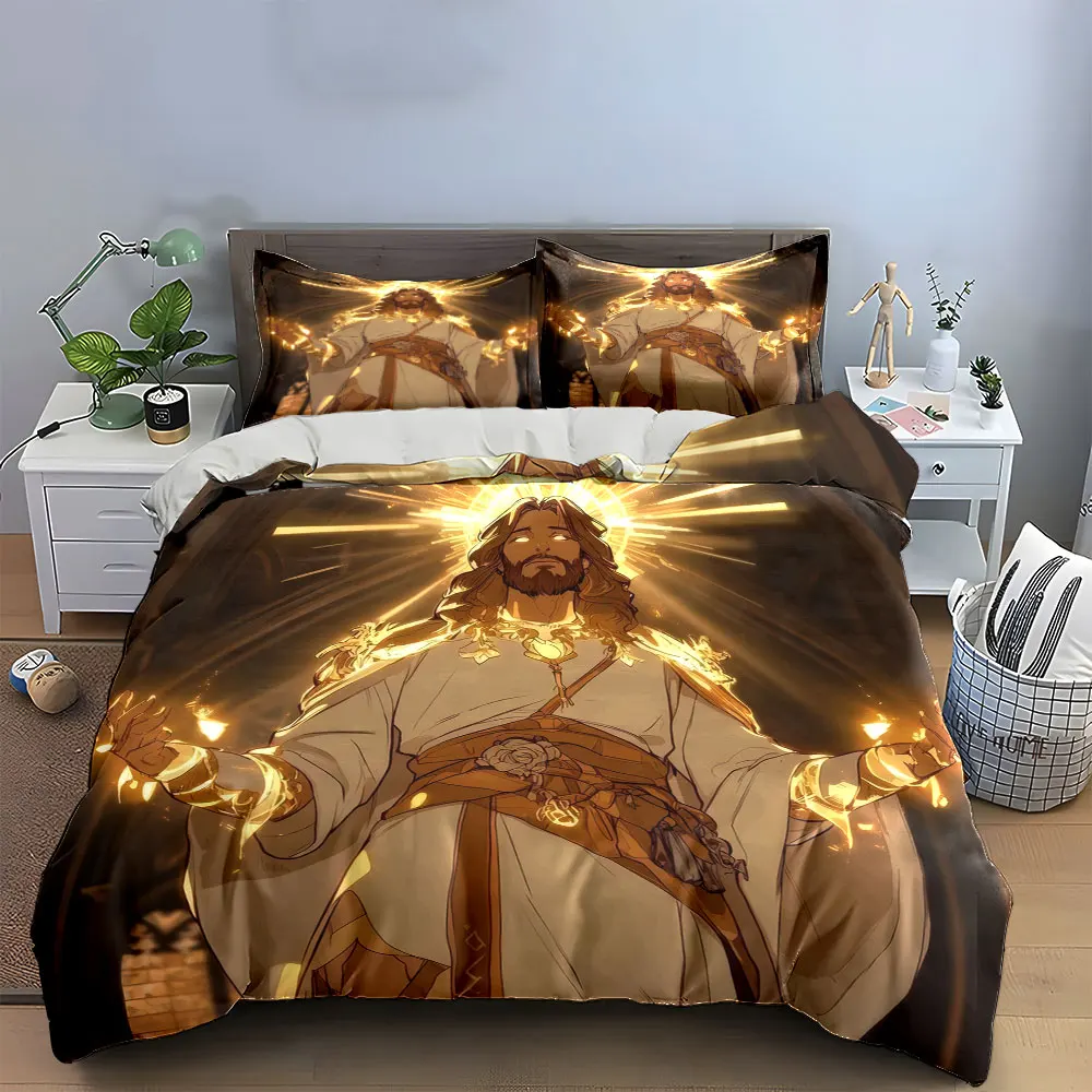 Glowing Holy Light Jesus Christ Duvet Cover Set, Christian Anime Faith Bedding Includes 1 Duvet Cover And 2 Pillowcase, Gift