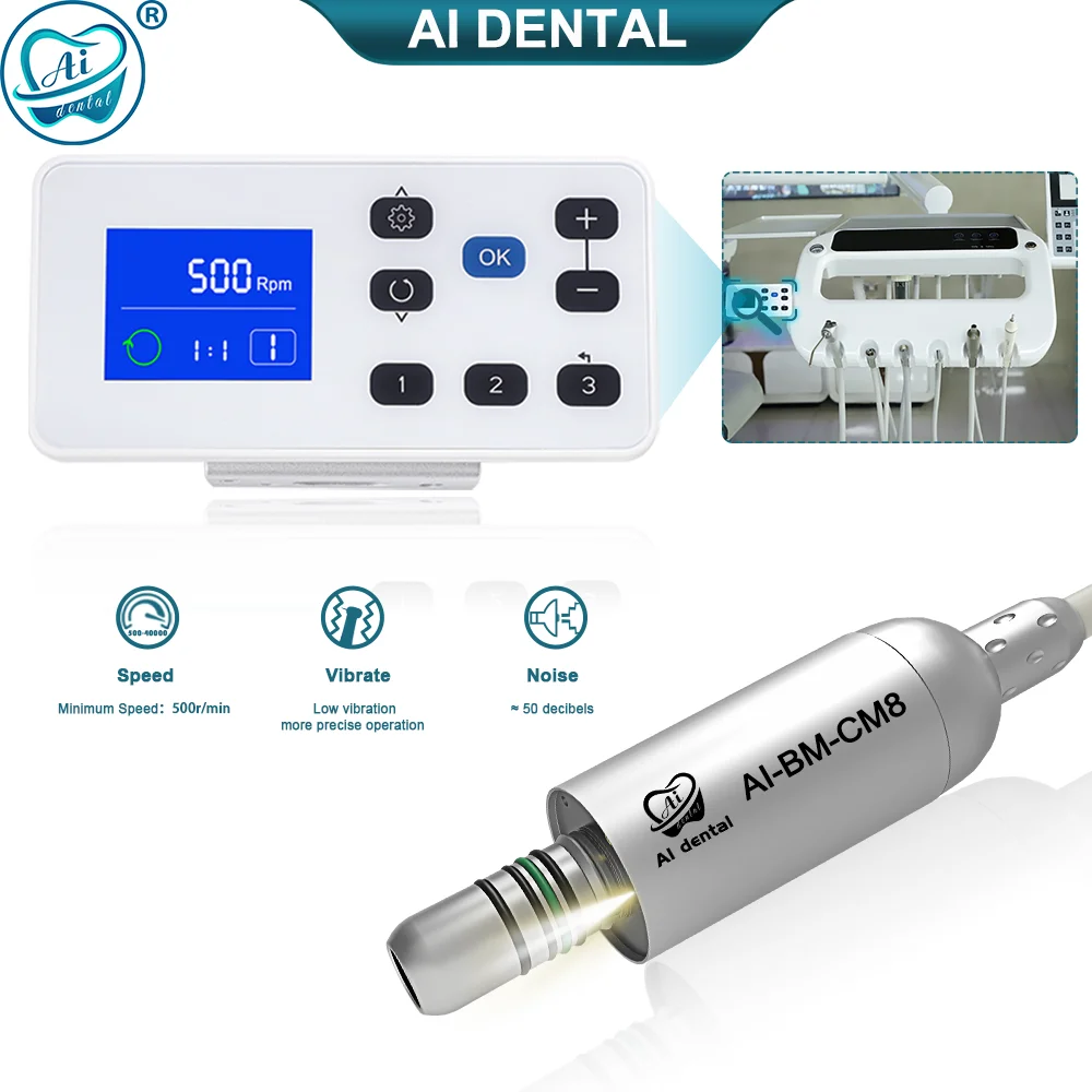 

AI-BM-CM8 Dental LED Built-in Machine Brushless Motor With Inner Water Spray 16:1/4:1/1:1/1:4.2/1:5 Contra Angle Handpiece Kit