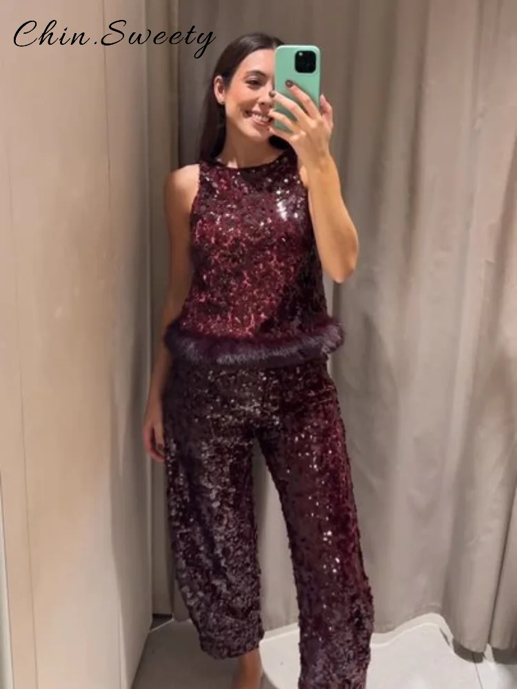 Conjuntos de pantalones y chaleco de plumas empalmados con lentejuelas para mujer, Tops sin mangas con cuello redondo y espalda descubierta, pantalón de pierna ancha, traje de fiesta para primavera 2026
