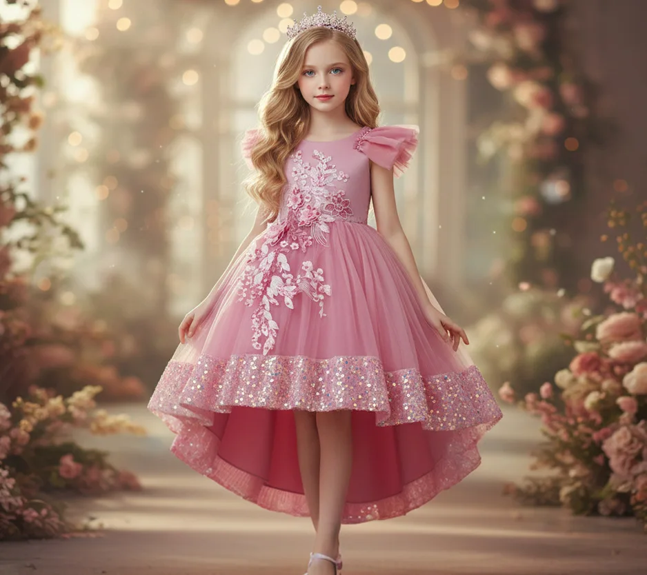 4-12 Years Old Girls Princess Dress Children's Wedding Flower Girl Mesh Sequin Tail Dress Baby Birthday Party Piano Performance