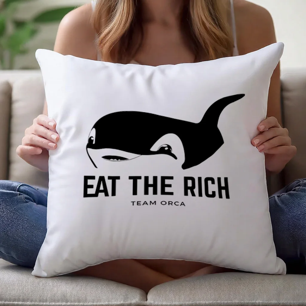 Pillow Cover Eat The Rich Slogan with Black Orca Silhouette Smooth Polyester Zipper Machine Washable Protest Art Decor