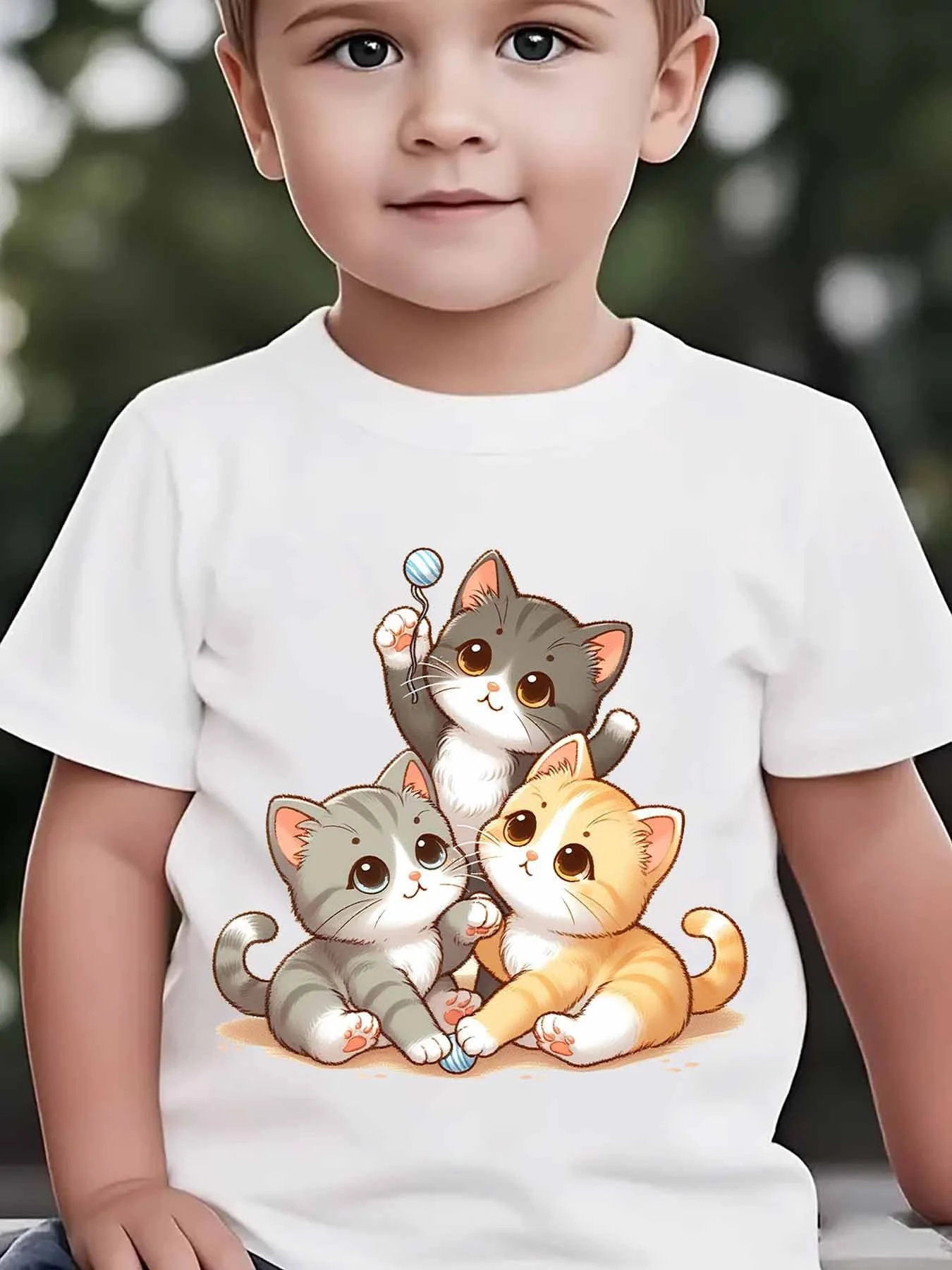 Kids Boys Girls Family Matching T Shirt Three Playful Kittens Playing With Toy Ball Cartoon Print Short Sleeve Tee Daily Tops
