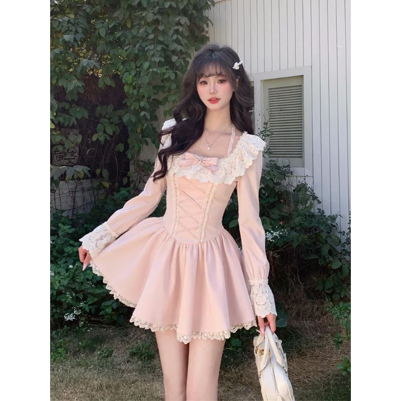 

2025 Sweet Lace Patchwork Bow Dresses Women Spring French Elegant Slim Pink Princess Dress Korea Chic Design Lolita Clothing