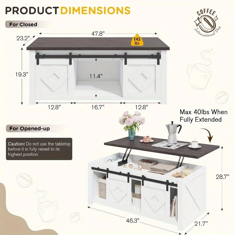طاولة قهوة علوية قابلة للرفع في المزرعة مع مساحة تخزين وأبواب حظيرة منزلقة، وطاولة مركزية ريفية مع حجرة مخفية لغرفة المعيشة