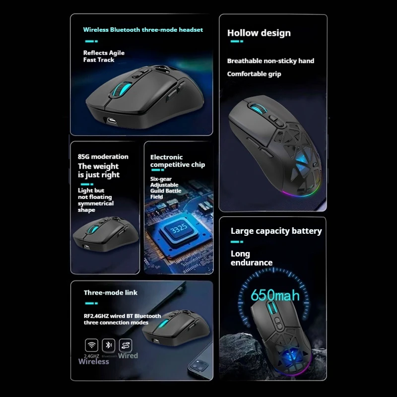 M17 Mouse Wireless Bluetooth Three Connection Mode Paw3325 Sensor 10000dpi Rgb Lighting Effect Tablet Laptop Office Gaming Mouse