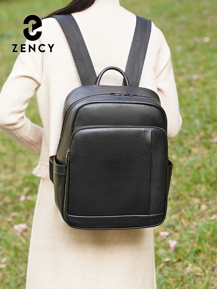 Zency Genuine Leather Women Backpack Multi-pocket 15inch Laptop Large Rucksack Travel Business Bag Pack