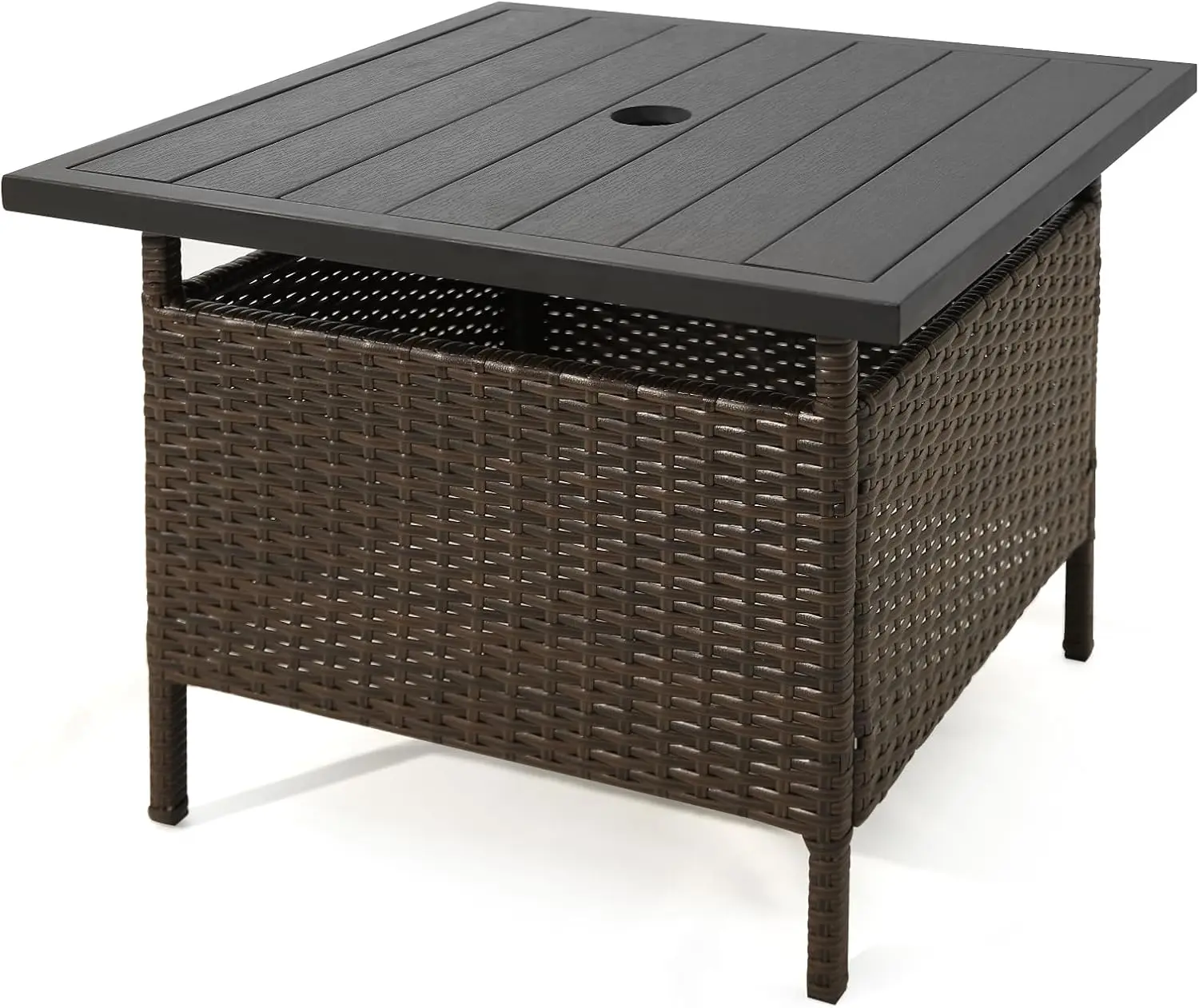 Tangkula Outdoor Wicker Table, Rattan Coffee Table With Umbrella Insert Hole, Hdpe Tabletop & Sturdy Metal Frame, Patio