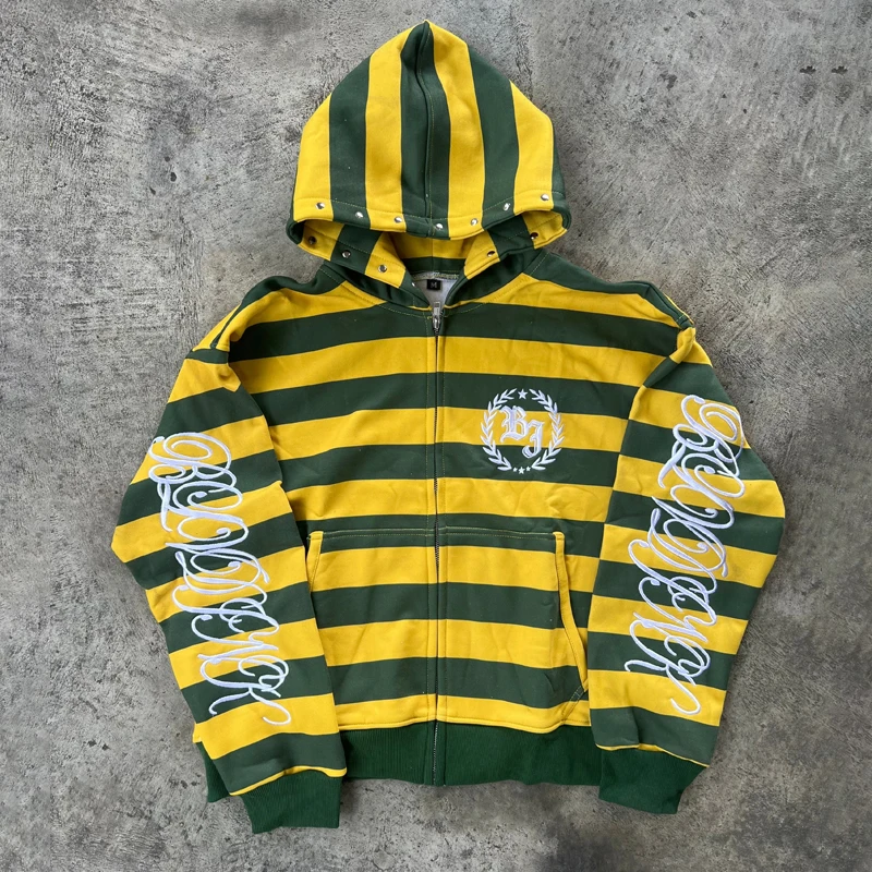 Y2K Retro Yellow Green Striped Print Zip Up Hoodie Men and Women