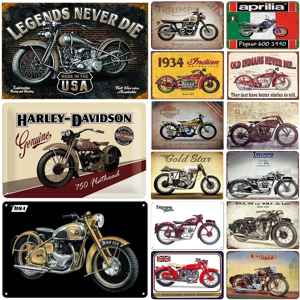 Vintage Motorcycle Metal Tin Signs Legends Never Die Indian BSA Gold Star Triumph IWall Decor for Home Bars Garage Cafe Clubs