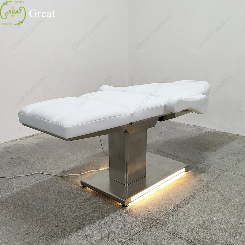 Hot Sale Silver Stainless Steel Base Beauty Salon Bed Led Lighting White Electric Cosmetic Facial Spa Bed With 4 Motors