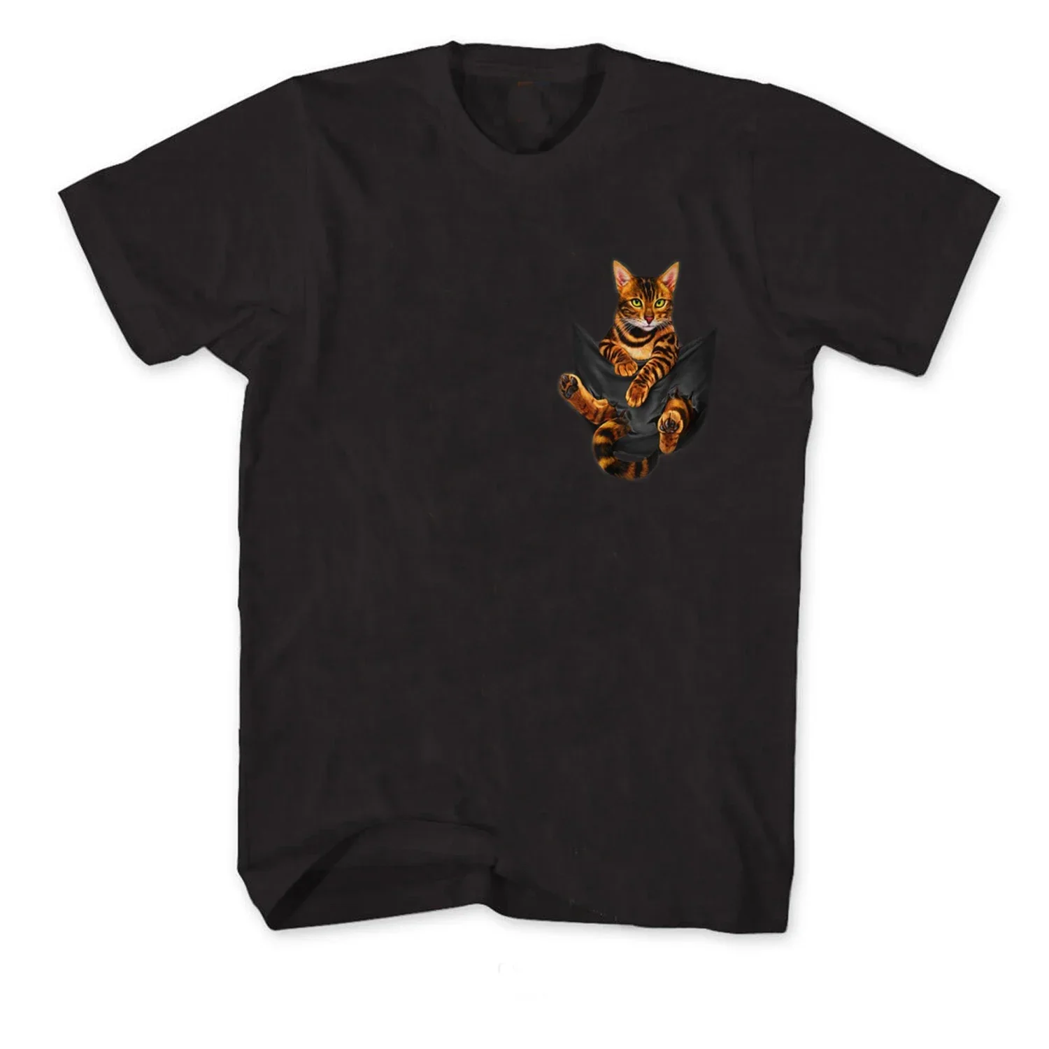 

100% Cotton O-Neck Summer Short Sleeve Male printing tee tops Casual Men Funny Bengal Cat in Pocket Pet Cat Lovers Gift T-Shirt