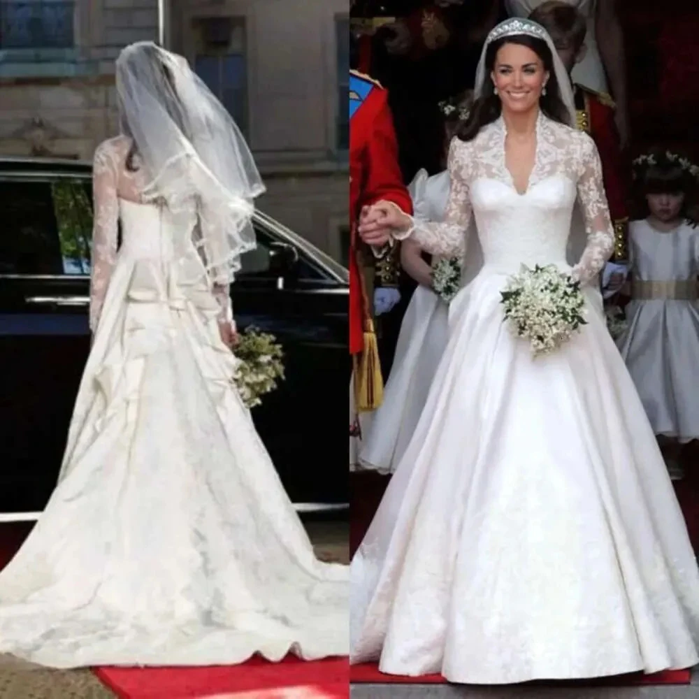 

Kate Middleton A-Line Dresses Ruffles Satin Bridal Dress Lace Long Sleeves V-Neck Gorgeous Royal Wedding Gown