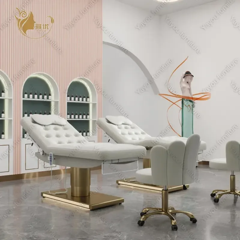3-Motor Electric Beauty Bed with Gold Cylinder Base LED Lighting for Salon Spa Eyelash Chair