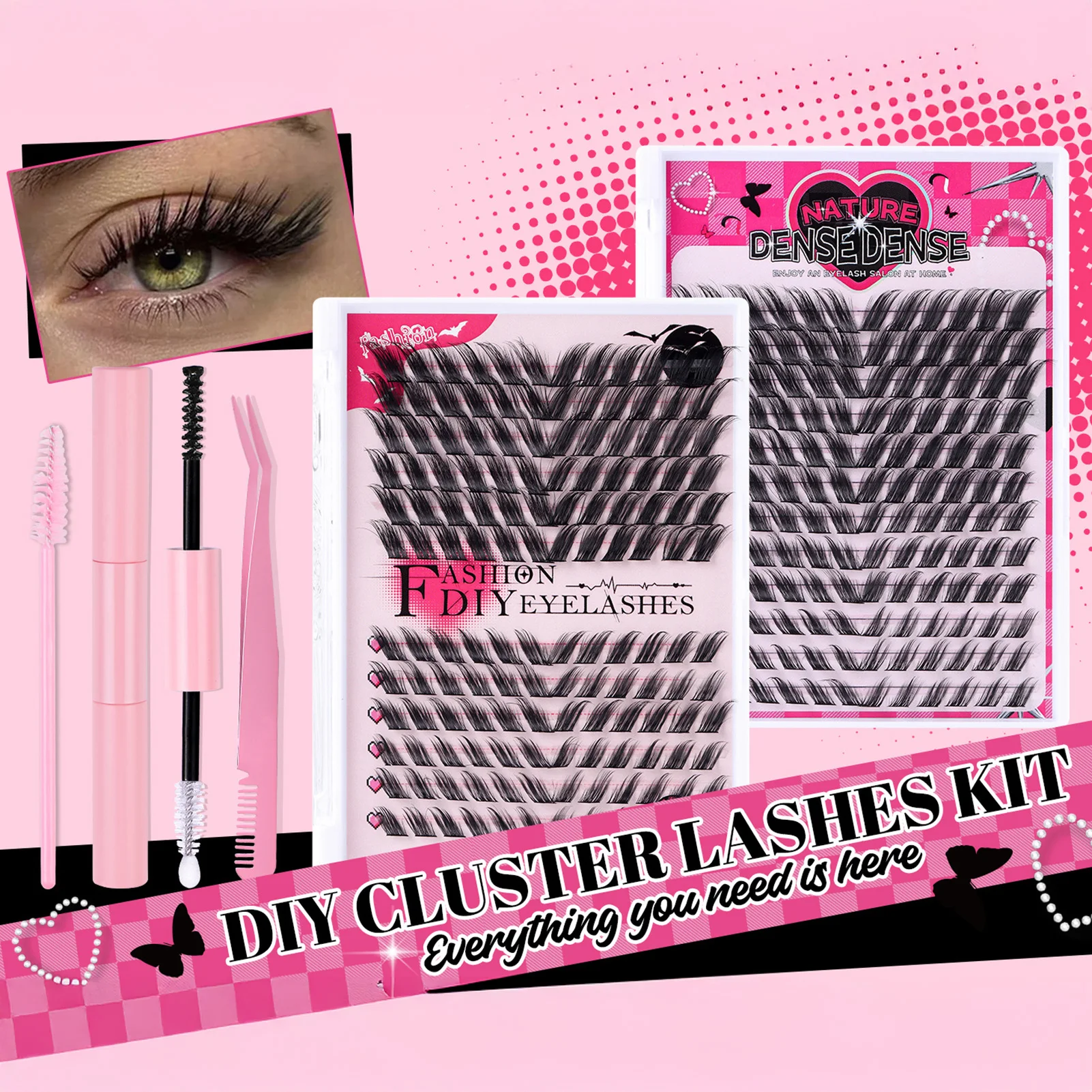 DIY wimper extenstie set gevleugelde Pluizige valse Wimpers Bond en seal Lijm Applicator Kit 12-18mm Individuele Clusters wimpers
