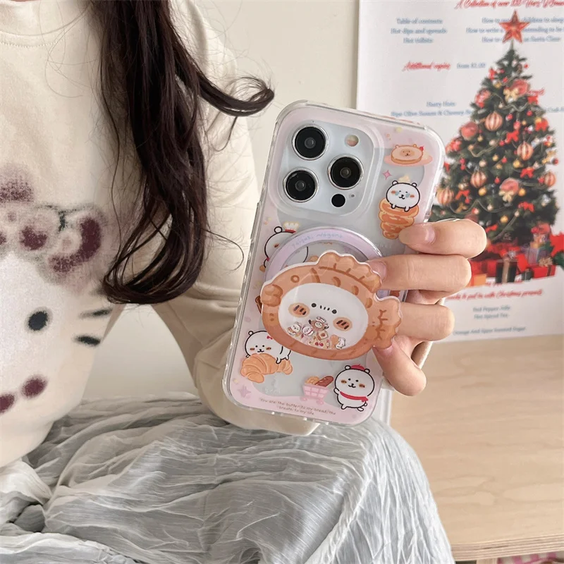 

Japan Cartoon Cute Taiyaki Bear Magsafe Wireless Charge Phone Case For iPhone 16 15 14 13 Pro Max Bear Shake Magnetic Holder