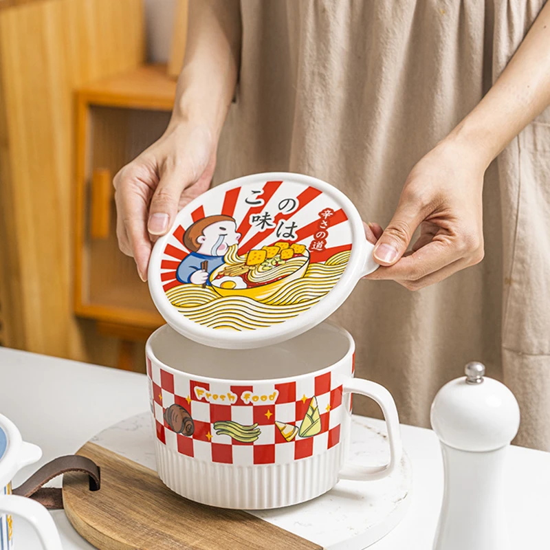 1200ml Ceramic Ramen Bowl with Lid Instant Noodle Bowl Soup Rice Porridge Mug Microwave Dishwasher Safe