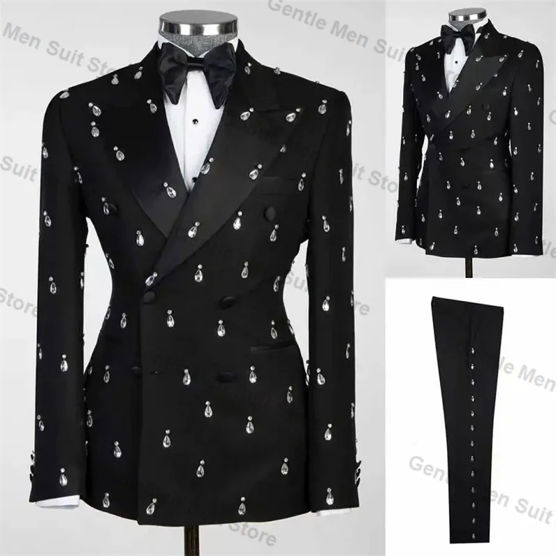 

Black Crystals Men Suits Pant 2 Piece Blazer+Trouser Prom Wedding Tuxedo Male Cotton Coat Customized Formal Office Jacket