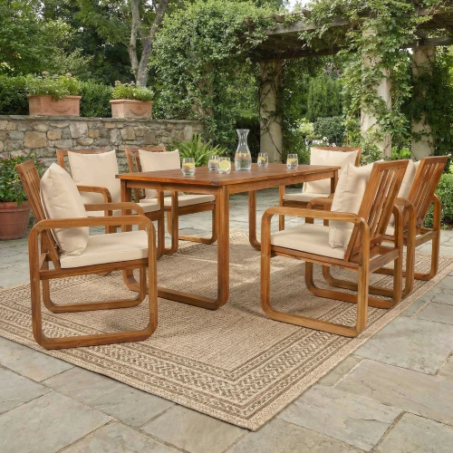 ！@7-Piece Modern Acacia Wood Patio Dining Set with Removable Cushions Eco-Friendly Outdoor Furniture for Backyard