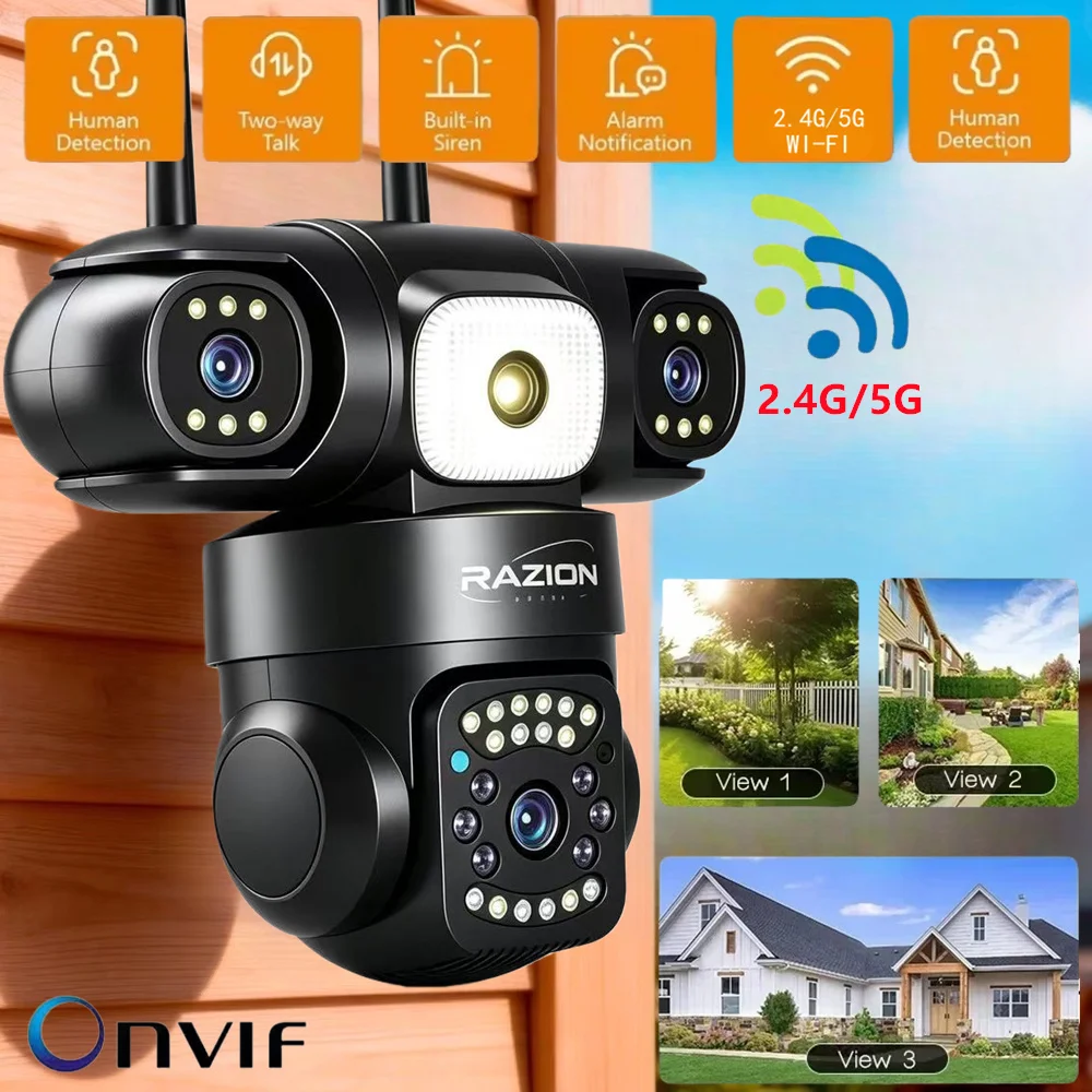 15MP 2.4G&5G Wifi Camera Outdoor IP66 Three Screen 10X Zoom CCTV Video Surveillance Cam PTZ Onvif 5MP Security IP Camera RZ380