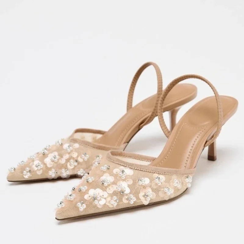 

Elegant Crystal Beaded Decoration Brand Pumps Women Fashion Mesh Embroidery Designer Shoes Sexy Pointed Toe Wedding Bridal Shoes